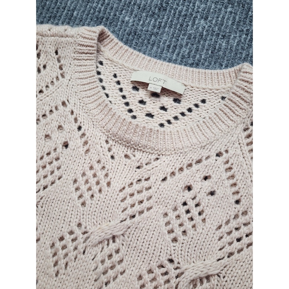 Loft Womens Pointelle Knit Sweater Medium Blush Pink Wool Blend Scallop Hem